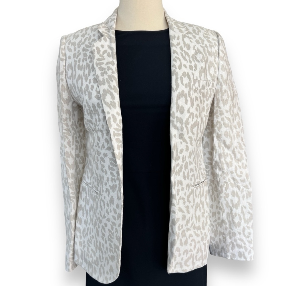 Joie  Mehira Linen Blazer Silver Fox Leopard Print White Gray Size 2